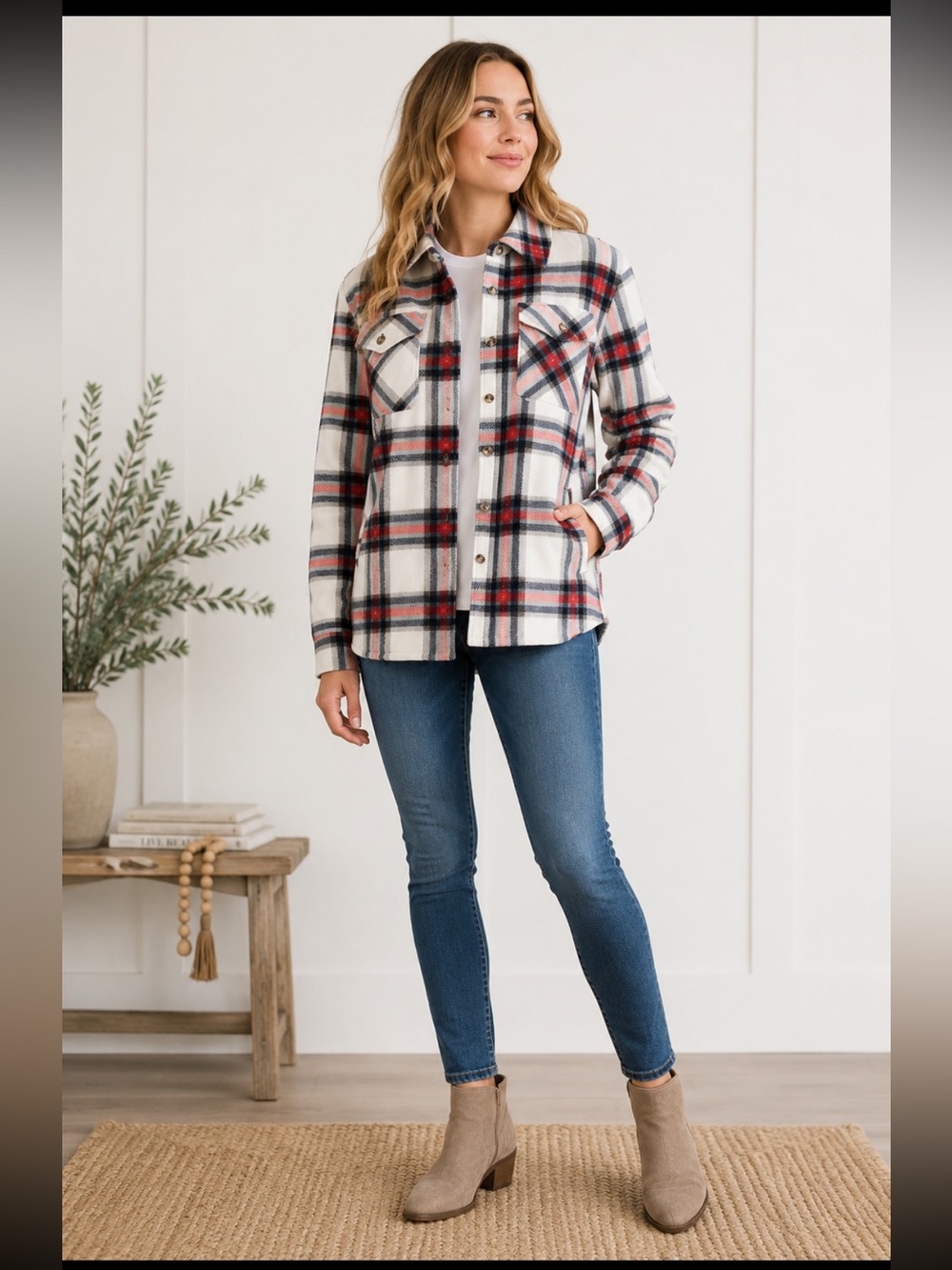 531 Sage Collective Plaid Faux Fur Lined Jacket Red Black White Women’s Small